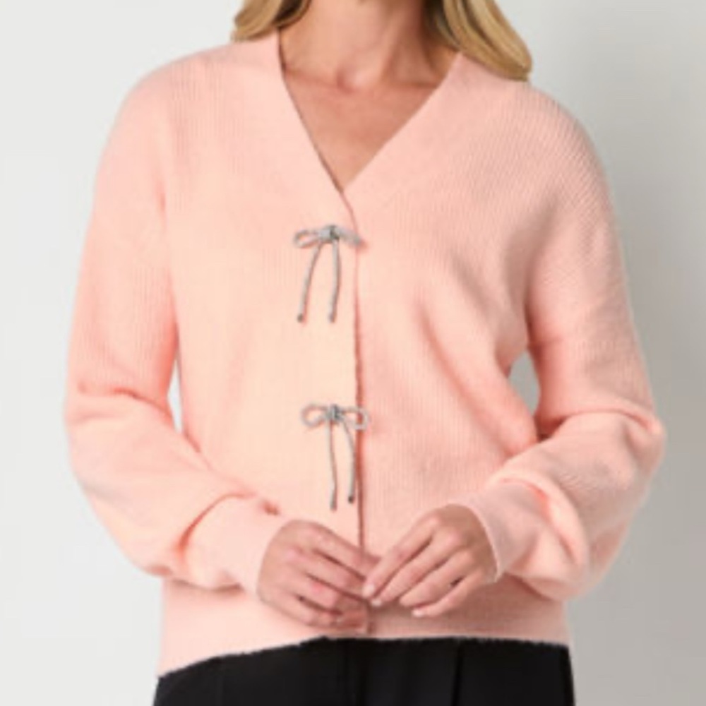 Liz Claiborne Pink Cardigan Sweater with Silver Bows